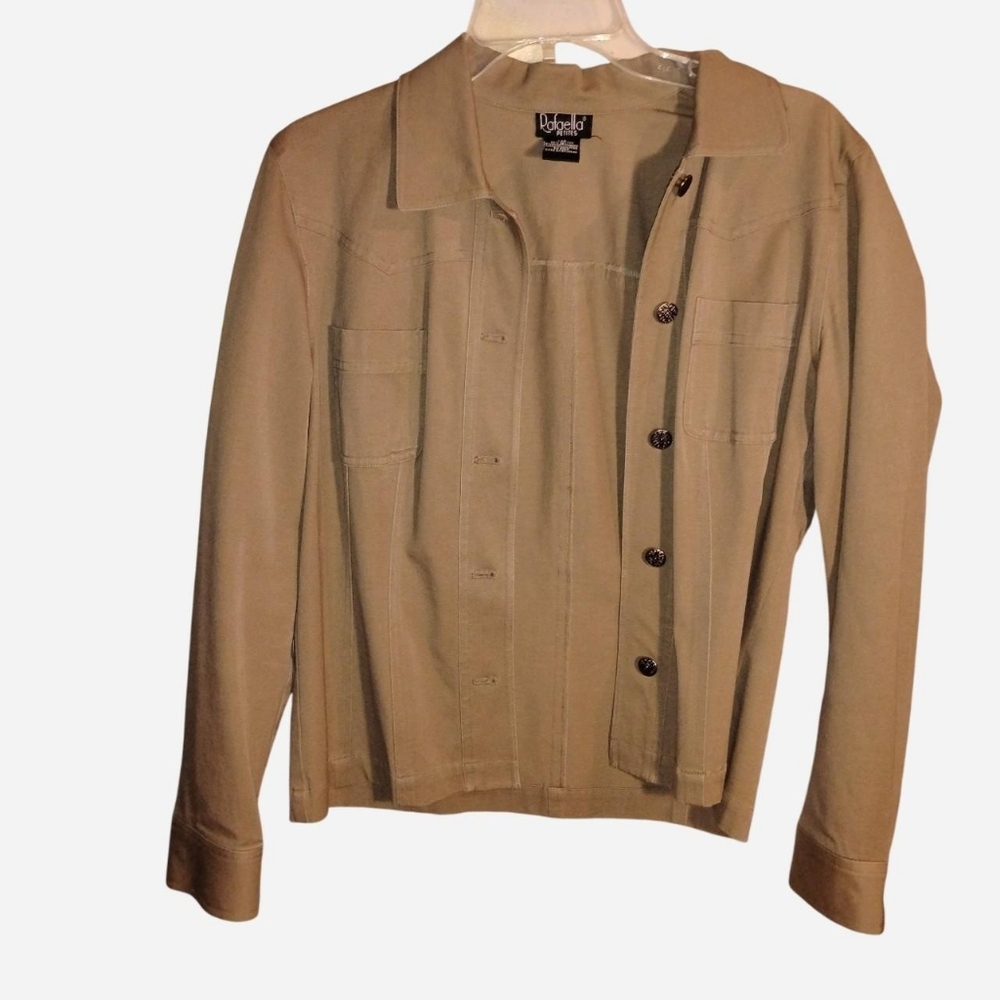 Stretchy Cotton Blend Women's Tan Button-Front Utility Jacket Size Petite 10